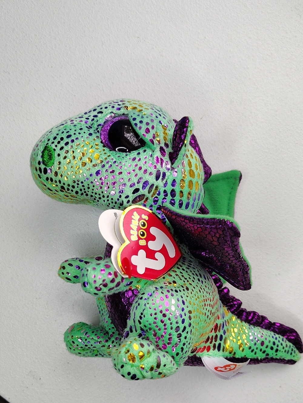 Ty Green & Purple Dragon Beanie Boo Plush with Gold Sparkle